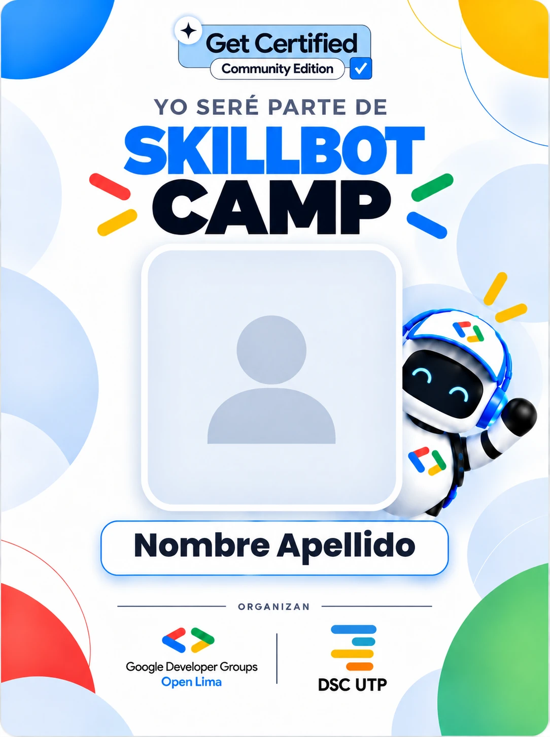 Vista previa de la credencial personalizable de SkillBot Camp