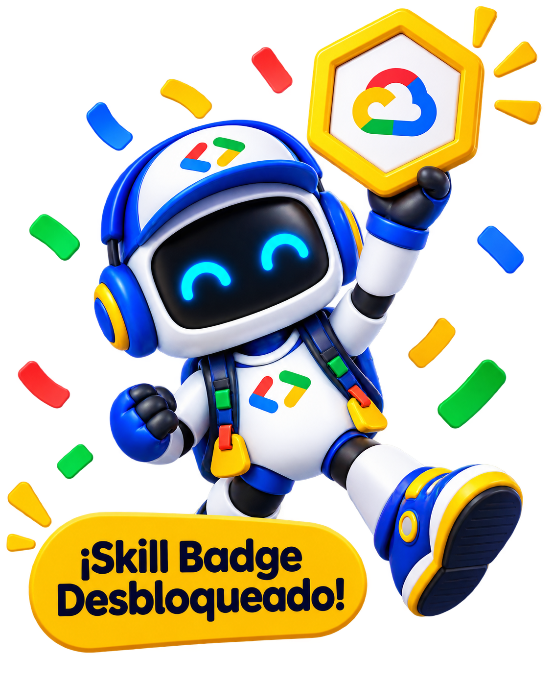 SkillBot celebrando con una insignia desbloqueada