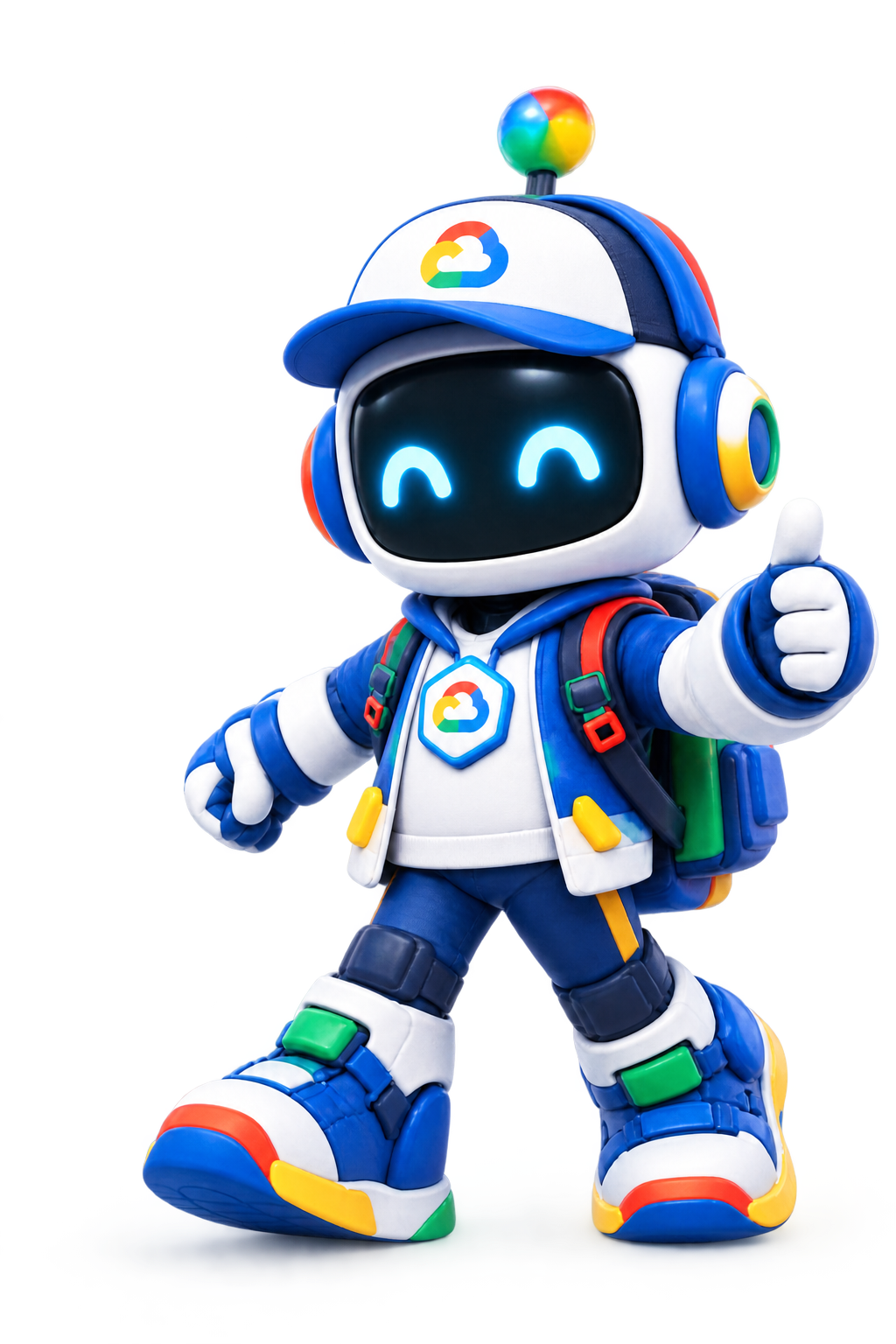 SkillBot, mascota oficial de SkillBot Camp, caminando y saludando con el pulgar arriba